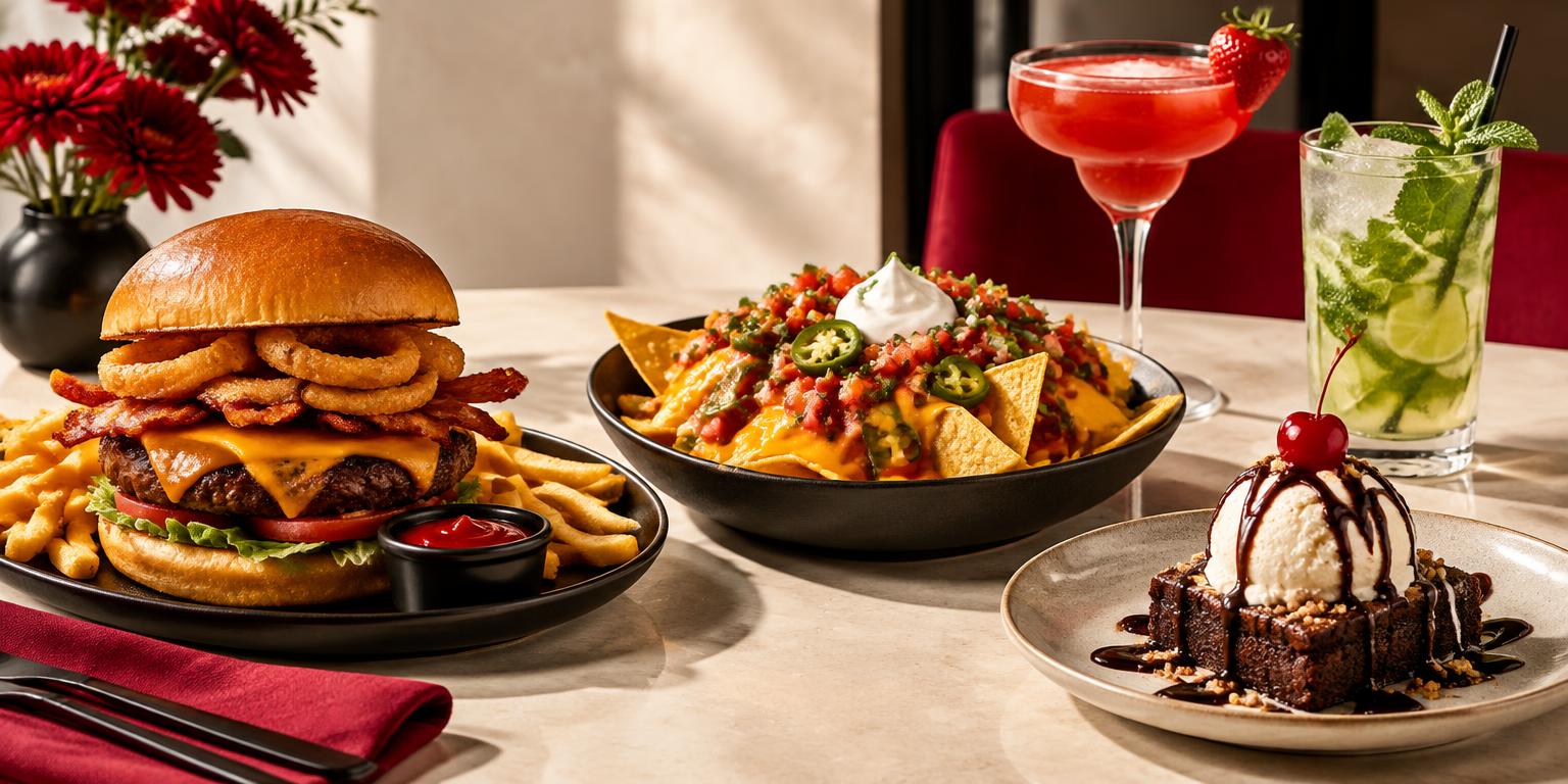 Hambúrguer, nachos e brownie — fotografia ilustrativa
